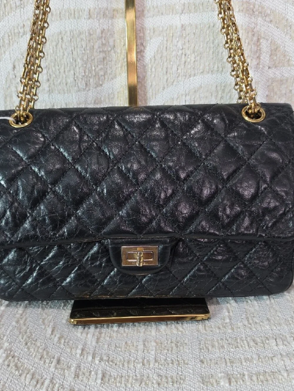 Chanel 2.55 Reissue Double Flap Black Crinkle Leather Shoulder Bag